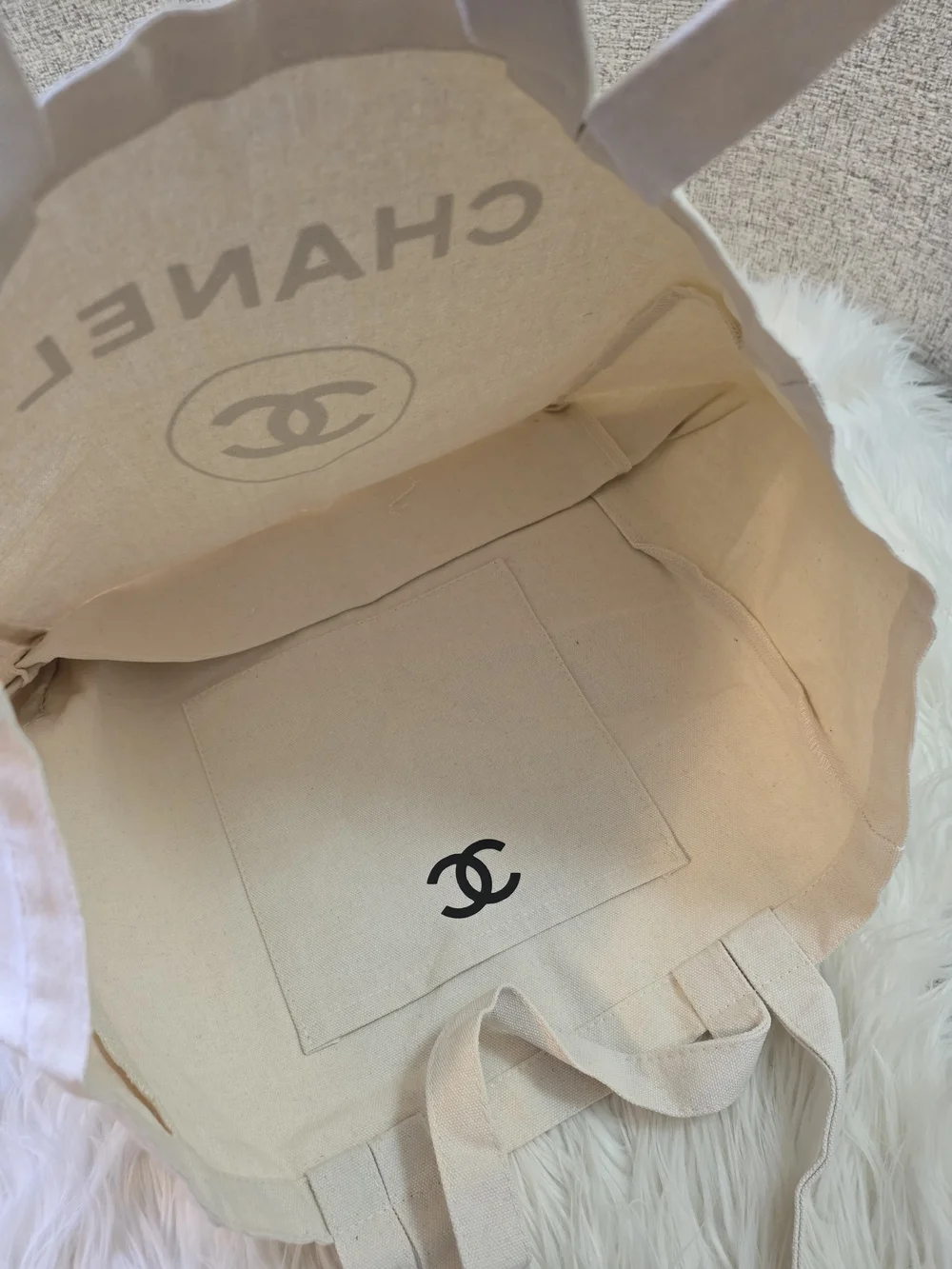 Beige Canvas Tote Bag - Large